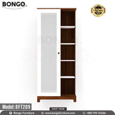 A promotional image of a tall, modern dressing table from BONGO. The unit has a dark wood-grain finish with white accents. Its main feature is a sliding, full-length mirror that reveals hidden storage behind it. Next to the mirror is a column of open display shelves, and there is a drawer at the base. The dressing table is shown in a bedroom setting. A "Highest Quality" seal is in the top corner.
